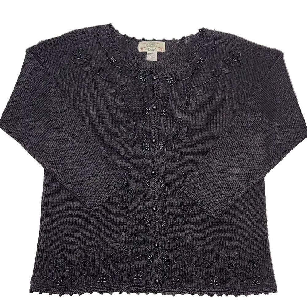 Orvis Cardigan Sweater Black Bead Cotton Ramie Embroirder Women Sz Large Vintage